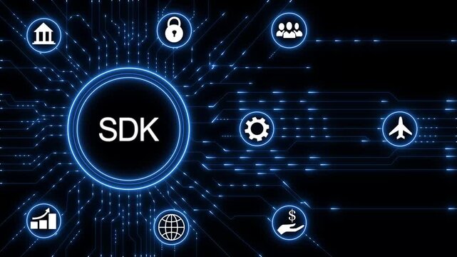 SDK Software Development Kit Enabling Application Development, projection on a virtual screen, Business and Technology Concept.