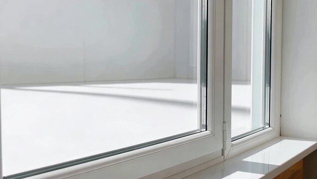Clean White Roller Blind Covering Modern Window with Sunlight Shadows.