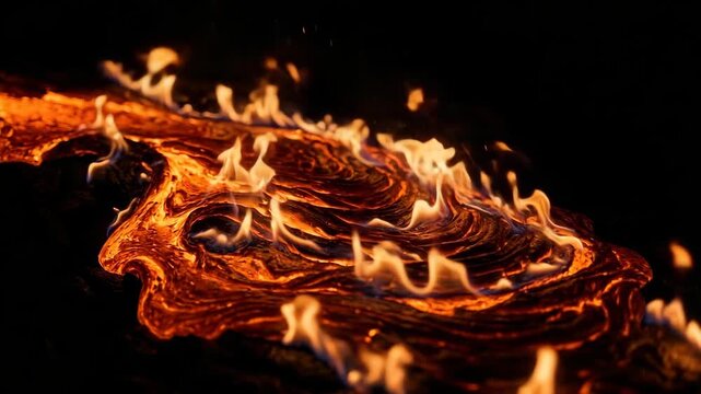 Molten orange lava flow with fiery orange flames and smoke against black background