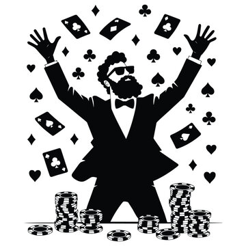 Happy bearded man in a tuxedo celebrating victory with arms raised surrounded by flying playing cards and poker chips