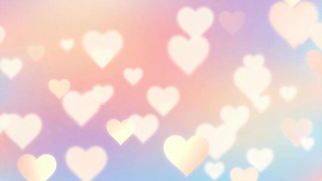 Soft bokeh heart shapes float across a pastel gradient background of pink orange and purple