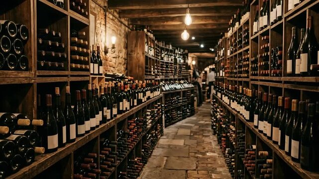 Antique wine cellar with rows of bottled beverages on wooden shelves and stone floor