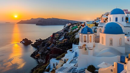 Fototapeta premium サントリーニ島の白と青が輝くロマンチックな夕景