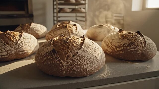 Artisan Sourdough Boules with Perfectly Blistered Crusts Freshly Baked in a Warm Bakery Setting