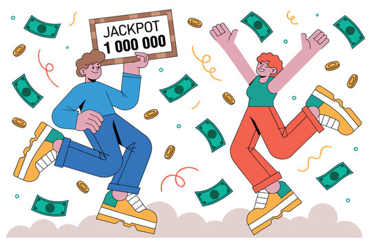Happy cartoon characters celebrating a big jackpot win with flying money and coins around them joyfully