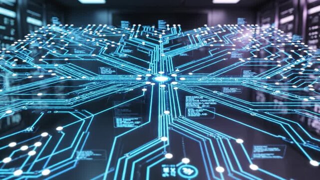 Futuristic circuit board glowing blue lines digital data technology artificial intelligence server room innovation network electronic system modern abstract pattern cyber communication high tech
