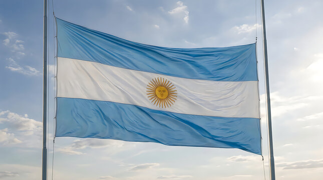 Argentine flag waving in the wind with blue sky background