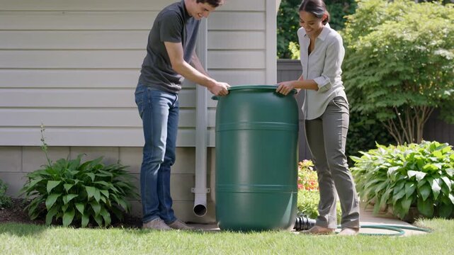 Young couple working together to install a green rain barrel next to their home, promoting water conservation
