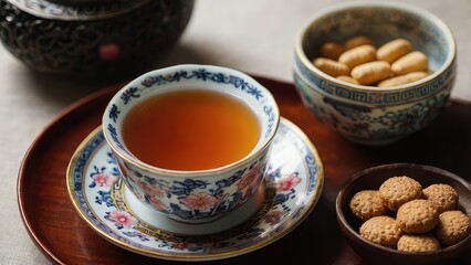 Fototapeta premium cup of tea and teapot, tea and cookies, cup of tea, cup of tea and cookies