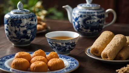 Fototapeta premium cup of tea and teapot, tea and cookies, cup of tea, cup of tea and cookies
