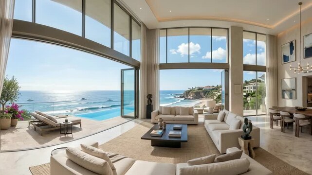Luxury coastal villa living room with infinity pool and ocean view during daytime