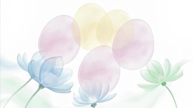 Pastel Easter eggs and translucent spring flowers create a soft, ethereal background illustration, offering serene beauty and ample copy space for festive messages or designs.