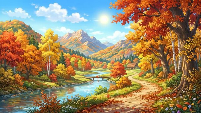 Idyllic autumn landscape with vibrant foliage, a winding river, and a rustic cabin.