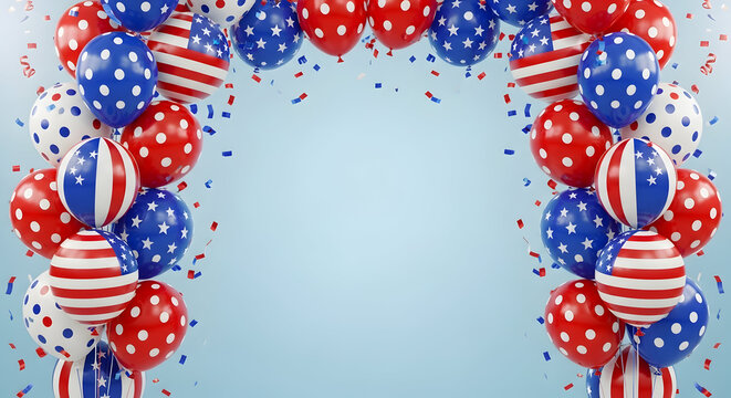 Patriotic balloon arch with confetti on light blue background