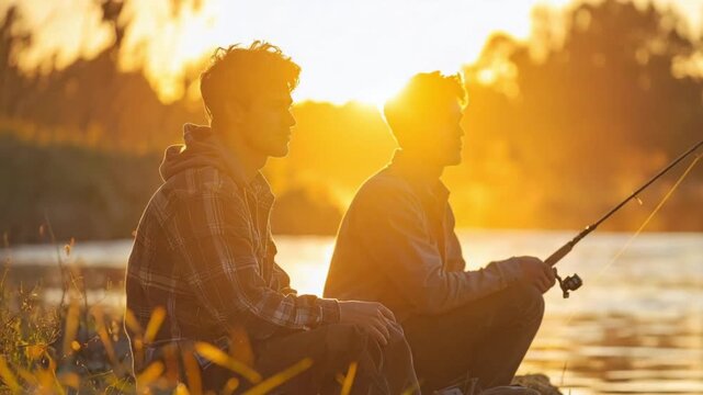 Two young men fishing at golden sunset by river enjoying peaceful nature