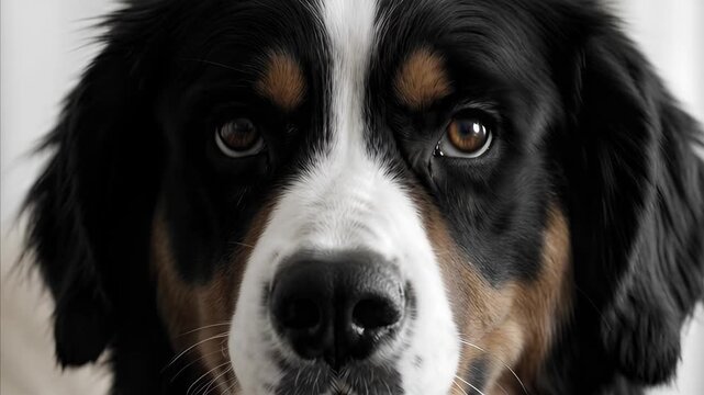 Close-up portrait of beautiful Bernese Mountain Dog face showing tricolor fur detail and expressive eyes, attentive gaze toward camera with slight head movement, large breed animal