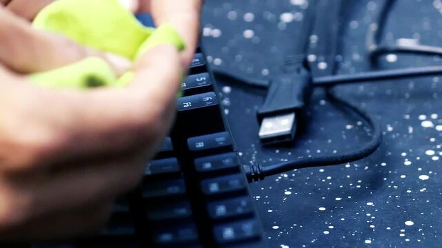 Hand repairing and cleaning a mechanical keyboard by replacing a keycap on a tech workbench