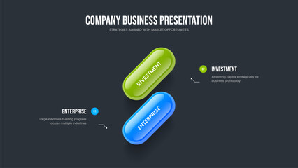 Obraz premium Visual Plan 2 Element Infographic Slideshow Template. Financial Launch Presentation Design Vector Illustration. Enterprise Showcase Two Option Diagram Slide Layout.