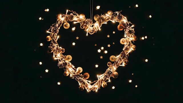 Heart shaped wreath with warm fairy lights and gold ornaments against dark background