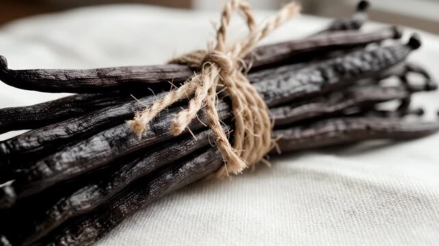Aromatic vanilla beans tied in bundle on rustic linen fabric culinary ingredient