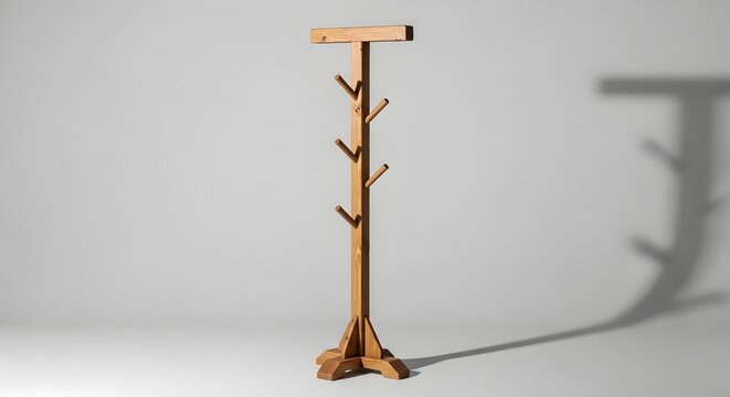 A wooden coat rack with multiple hooks stands alone in a room with a shadow on the wall behind