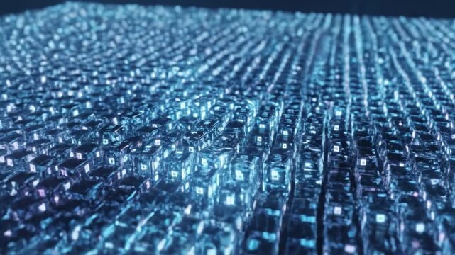 Futuristic abstract technology digital blue glowing cube pattern surface 3D modern geometric background with light grid science innovation cyber network data artificial intelligence virtual matrix