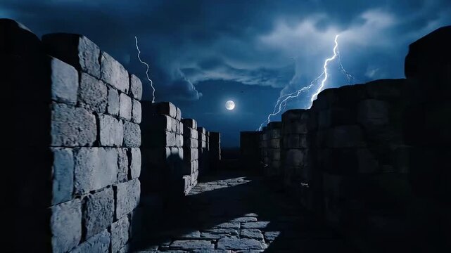 Moonlit fortress ramparts stand against a tumultuous night sky as lightning strikes illuminate the historic stone pathway with dramatic intensity