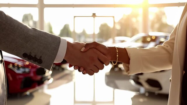 Business handshake at car dealership showroom with vehicles. Automotive sale agreement and customer dealer partnership for vehicle purchase transaction financing and deal confirmation