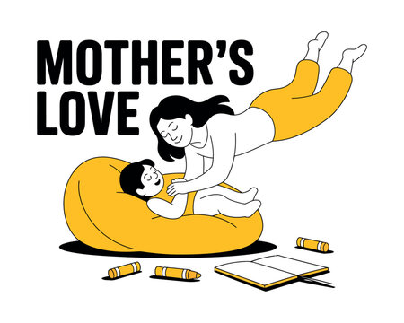 A mother showing love and care to her little child while playing on a bean bag