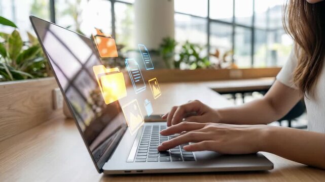 Woman working on laptop with digital files documents and folders flying from screen. File management data transfer and cloud storage for business productivity and workflow