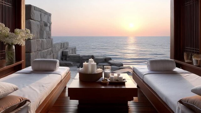 Serene Spa Retreat by Ocean at Sunset with Relaxing Ambiance