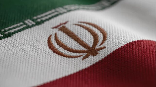 Close-up view of Iranian national flag fabric, vibrant colors green, white, red, with golden emblem of Iran symbolizing Allah. Detailed texture of material visible on waving flag.