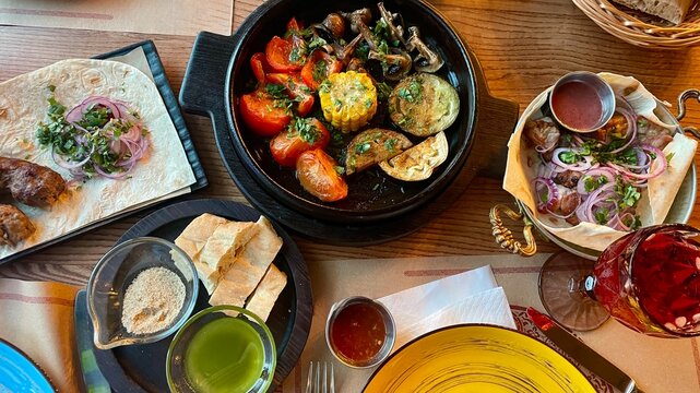 Traditional grilled lula kebab served on pita bread with fresh onions and side dishes in restaurant