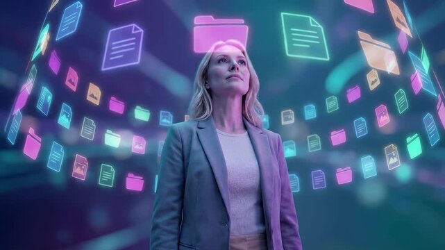 Businesswoman surrounded by floating digital file and folder icons in virtual data environment. Document management and cloud storage technology for modern corporate information systems