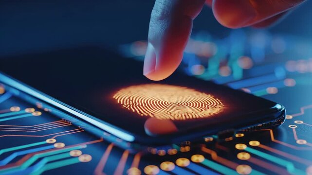 Fingerprint scan on smartphone screen for biometric authentication and identity verification. Cybersecurity and data protection technology with circuit board background