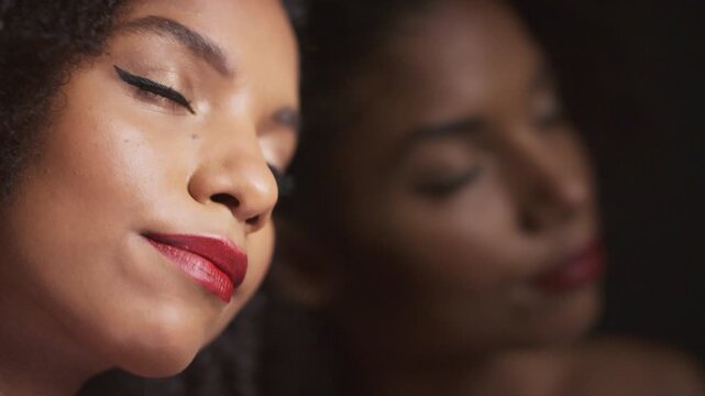 Beauty, thinking or woman with lipstick by mirror, glamour aesthetic or facial cosmetics for wellness. Grooming idea, reflection or African person with makeup for transformation, mouth color or shine