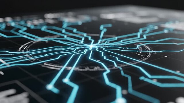 Futuristic circuit digital interface technology innovation with blue light abstract network, data visualization, cyber electronic modern science computer connection, virtual high tech communication