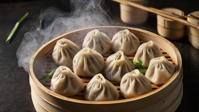 Dumplings in bamboo steamer with steam