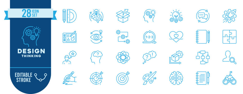 Design Thinking icon set. Contain icons related to creativity, innovation, problem solving, ideation, brainstorming, prototype, empathy, strategy, user experience, and more. Editable stroke. 
