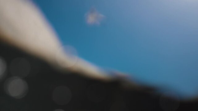 Cinematic rack focus split level shot of the ocean current and a seagull flying away from a large rock showing the full wingspan of this beautiful bird against the clear blue sky