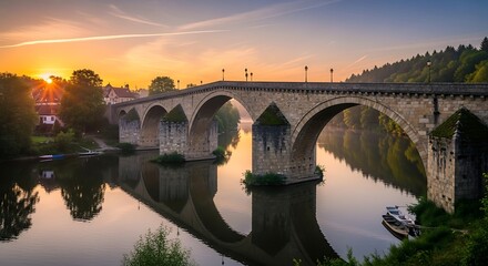 Fototapeta premium Stone bridge spanning river at sunset scenic view landscape architecture