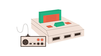 Retro video game console and gamepad in flat style. Joystick controller with green cartridge, classic 80s and 90s entertainment, perfect for vintage gamer old videogame collection context. © moonnoon