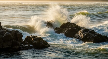 Obraz premium Waves Crashing Against Rocks on the Pacific Coast.