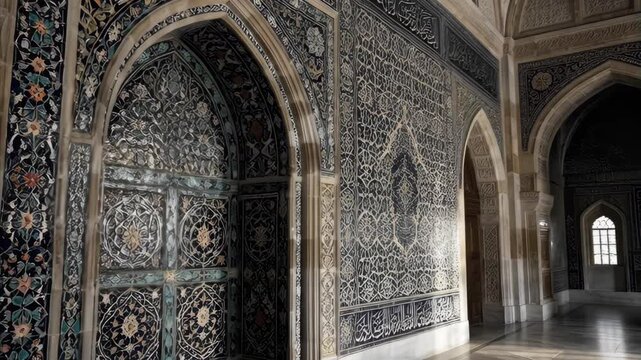 Intricate mosaic tilework adorns walls of ancient Persian building showcasing rich Islamic architectural details and vibrant patterns of traditional Iranian culture