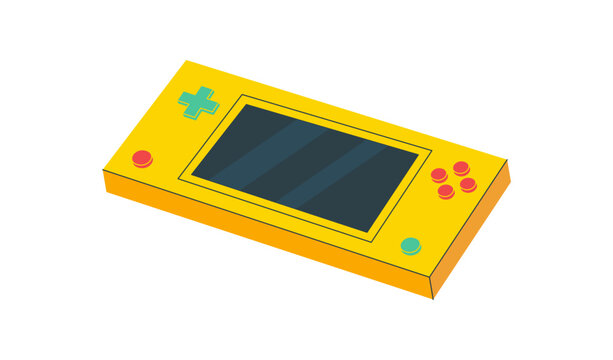 Flat retro y2k handheld videogame console with portable yellow gadget. Classic pad and video game device, modern entertainment element, cartoon illustration for technology art.
