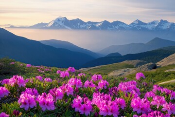 Obraz premium Pink rhododendron flowers blooming in a vibrant mountain meadow, with snow-capped peaks and hazy valleys during sunset