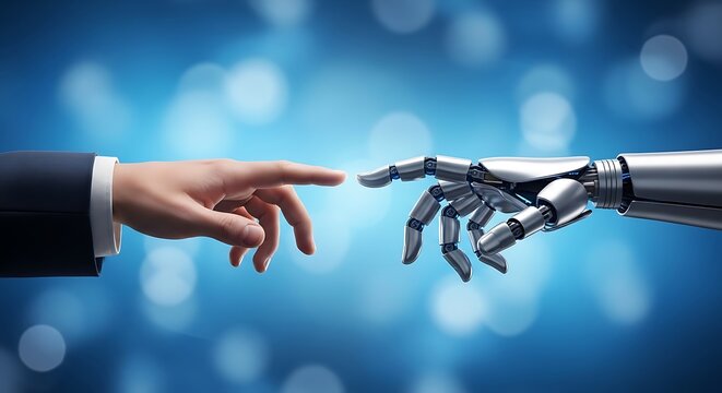 Human hand and robotic hand finger touching on blue background