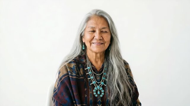 Smiling elderly Indigenous woman with long gray hair wearing traditional turquoise jewelry and patterned clothing
