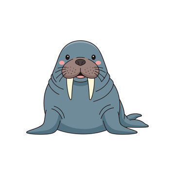 Cute Cartoon Walrus Sitting Alone.