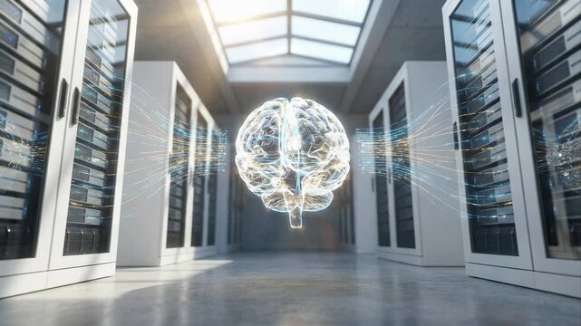 Artificial intelligence brain connected to server room datacenter infrastructure. Neural network deep learning and machine cognitive computing system. Ai data processing and smart technology